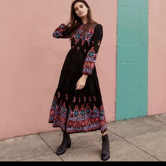 Bohemian Black Maxi Dress with Colorful Patterns